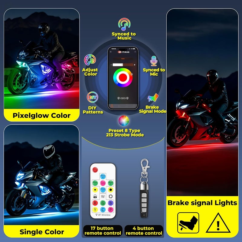 DITRIO 12PCS Motorcycle Led Lights with Brake Turn Signal,Underglow Light Kits with APP/RF Remote Control, Dual Zone,Waterproof,12V Pixelglow Led RGB Lights for Motorcycles, Golf Carts, ATVs, UTVs - Image 2